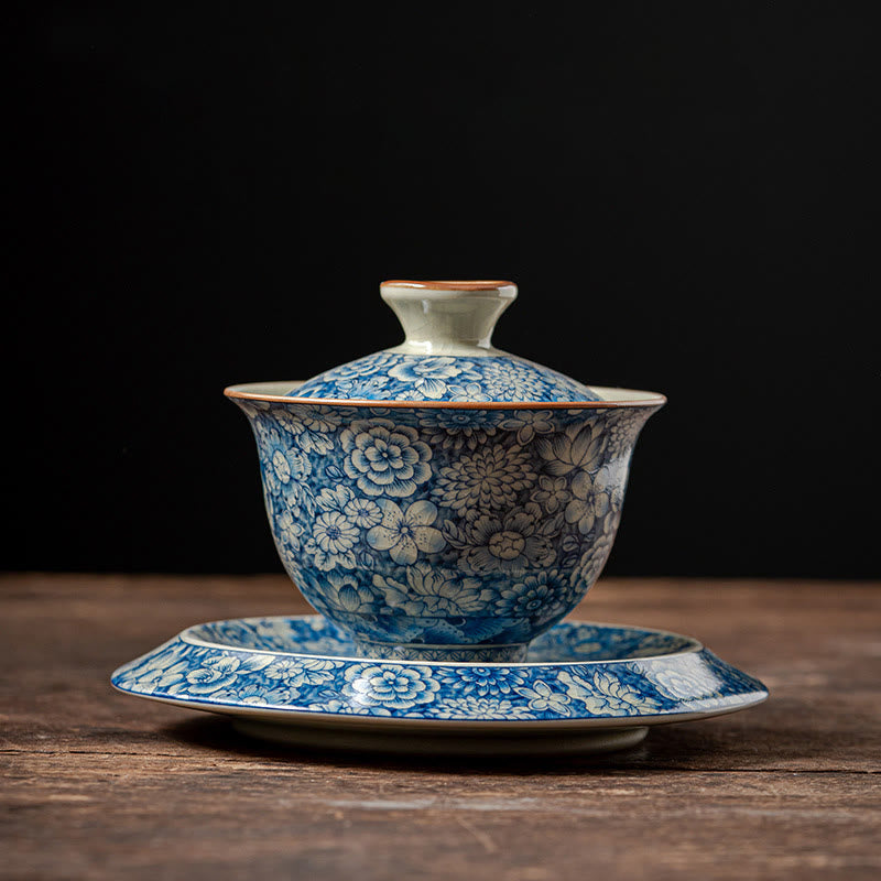 Tasse à thé Gaiwan vintage en porcelaine bleu blanc avec couvercle 150 ml
