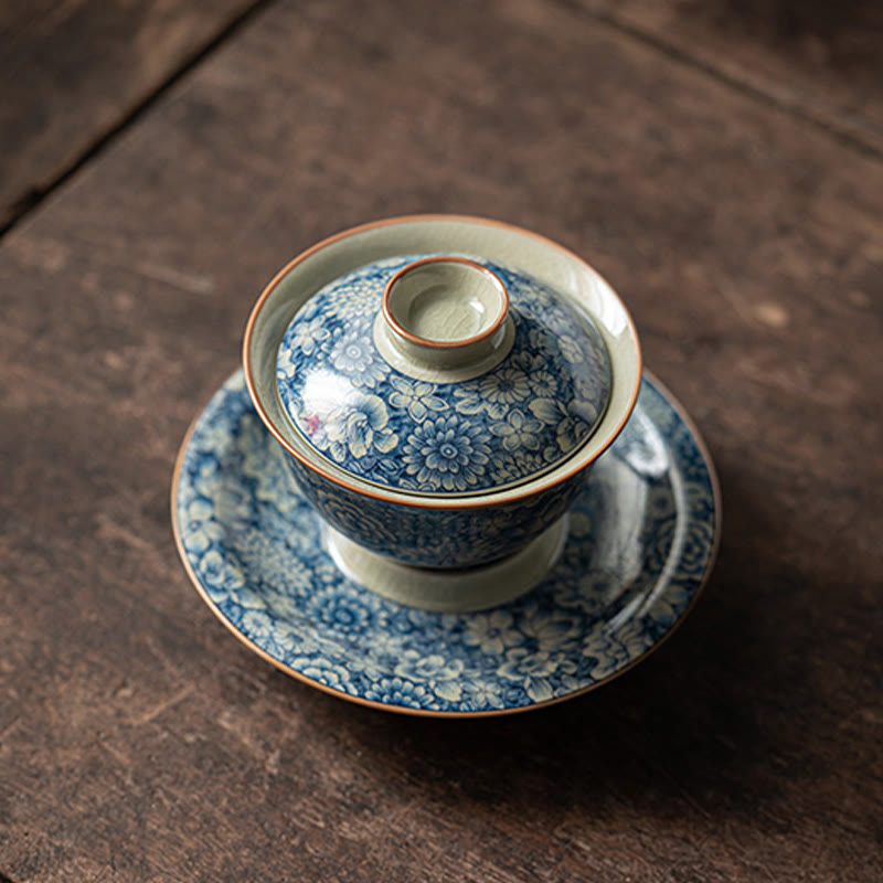 Tasse à thé Gaiwan vintage en porcelaine bleu blanc avec couvercle 150 ml
