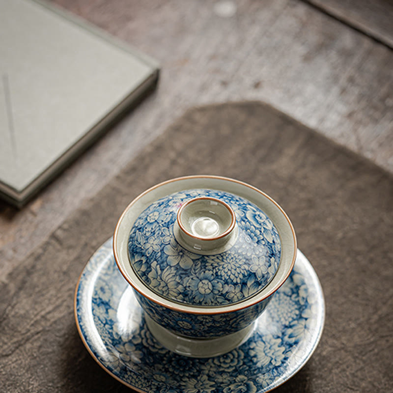 Tasse à thé Gaiwan vintage en porcelaine bleu blanc avec couvercle 150 ml