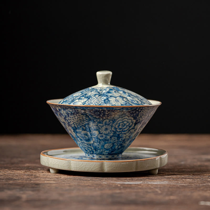 Tasse à thé Gaiwan vintage en porcelaine bleu blanc avec couvercle 150 ml