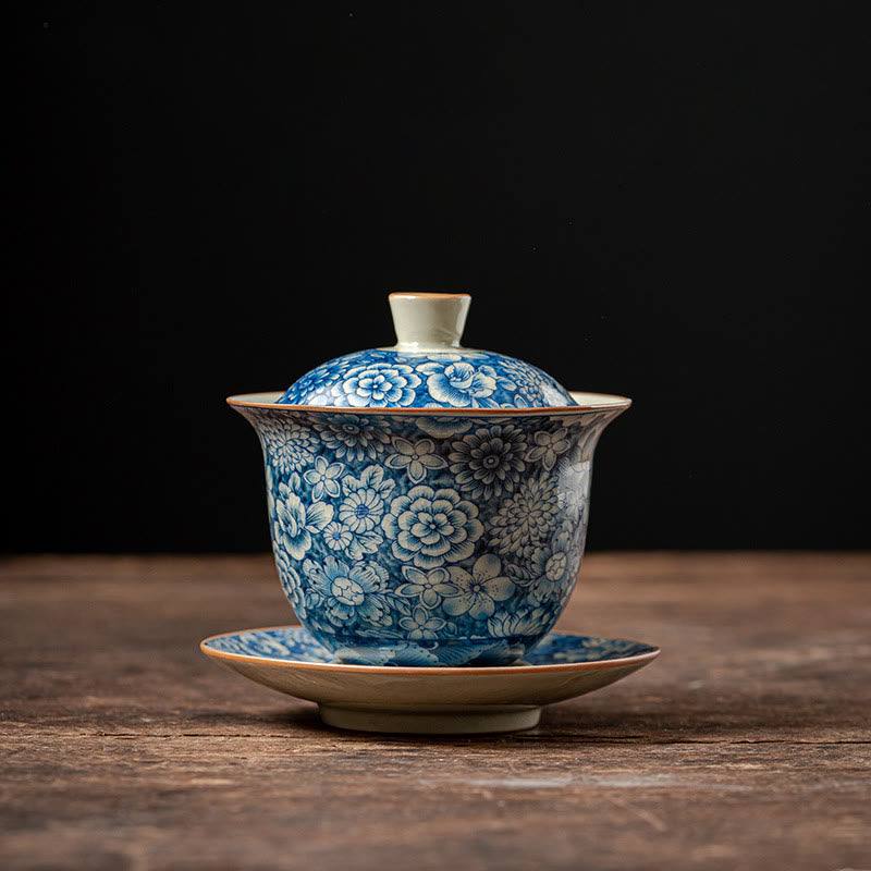 Tasse à thé Gaiwan vintage en porcelaine bleu blanc avec couvercle 150 ml