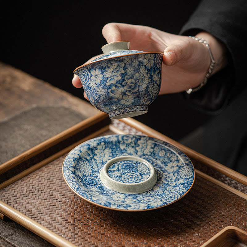 Tasse à thé Gaiwan vintage en porcelaine bleu blanc avec couvercle 150 ml