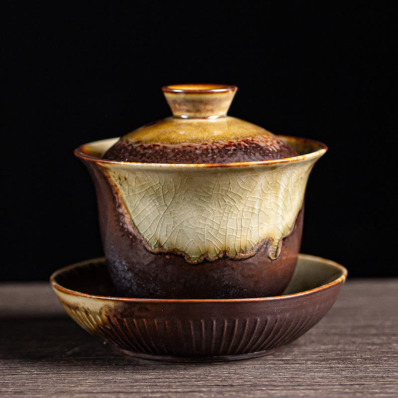 Tasse à thé Gaiwan Sancai en céramique marron vintage avec couvercle