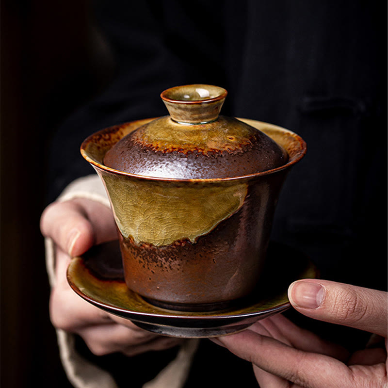 Tasse à thé Gaiwan Sancai en céramique marron vintage avec couvercle