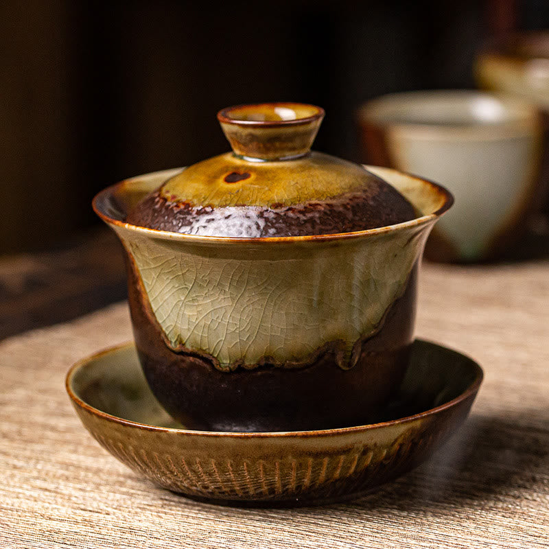 Tasse à thé Gaiwan Sancai en céramique marron vintage avec couvercle