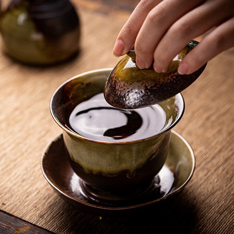 Tasse à thé Gaiwan Sancai en céramique marron vintage avec couvercle