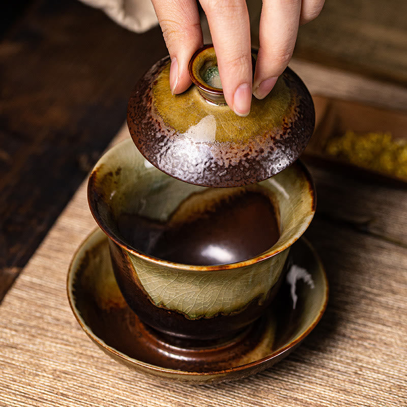 Tasse à thé Gaiwan Sancai en céramique marron vintage avec couvercle
