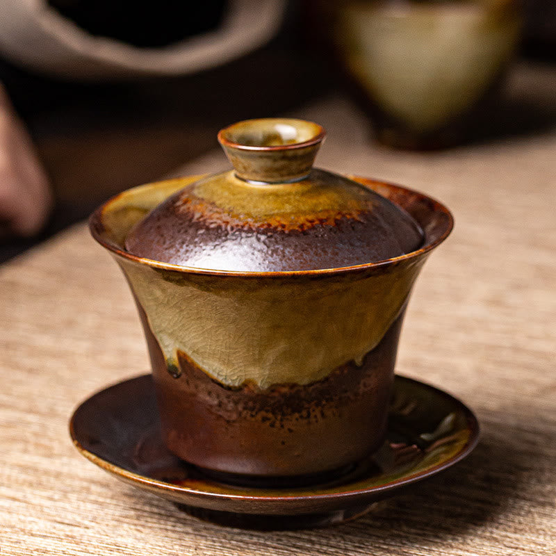 Tasse à thé Gaiwan Sancai en céramique marron vintage avec couvercle
