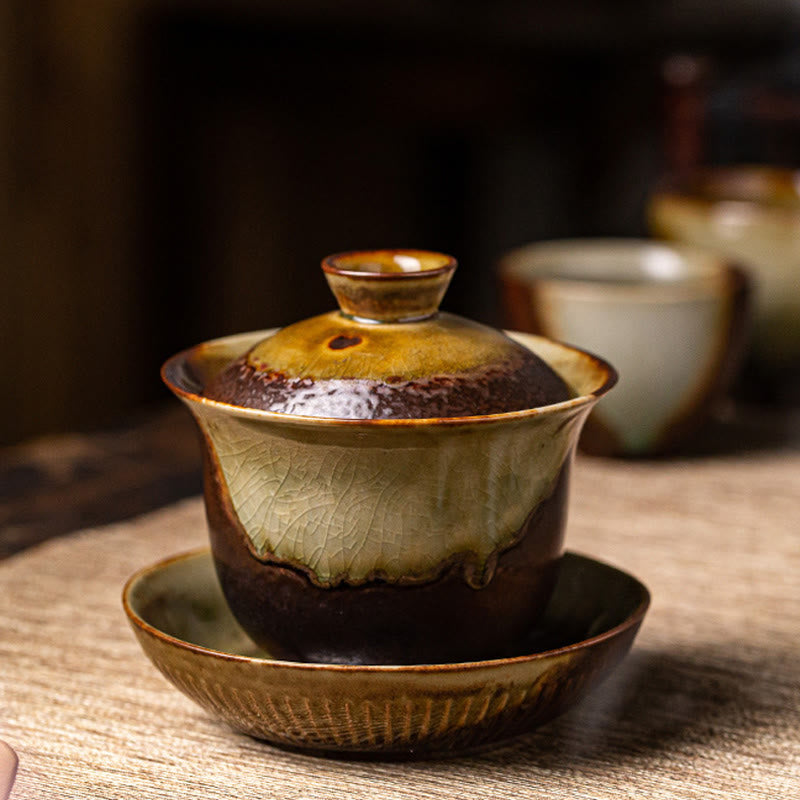 Tasse à thé Gaiwan Sancai en céramique marron vintage avec couvercle