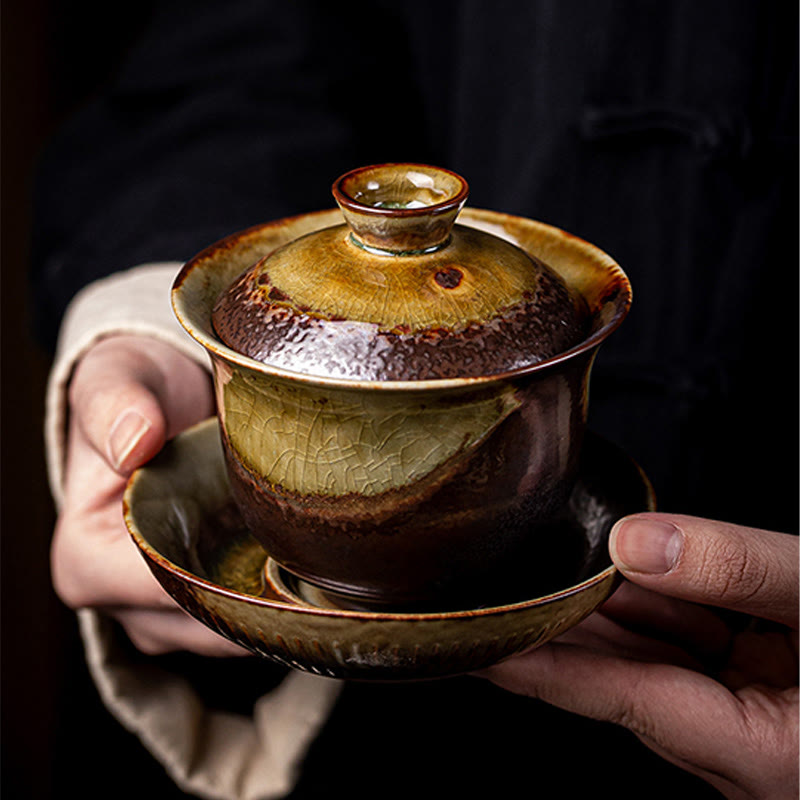 Tasse à thé Gaiwan Sancai en céramique marron vintage avec couvercle