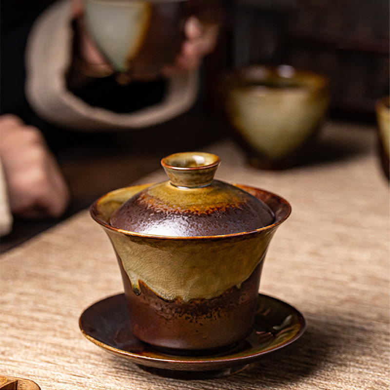 Tasse à thé Gaiwan Sancai en céramique marron vintage avec couvercle