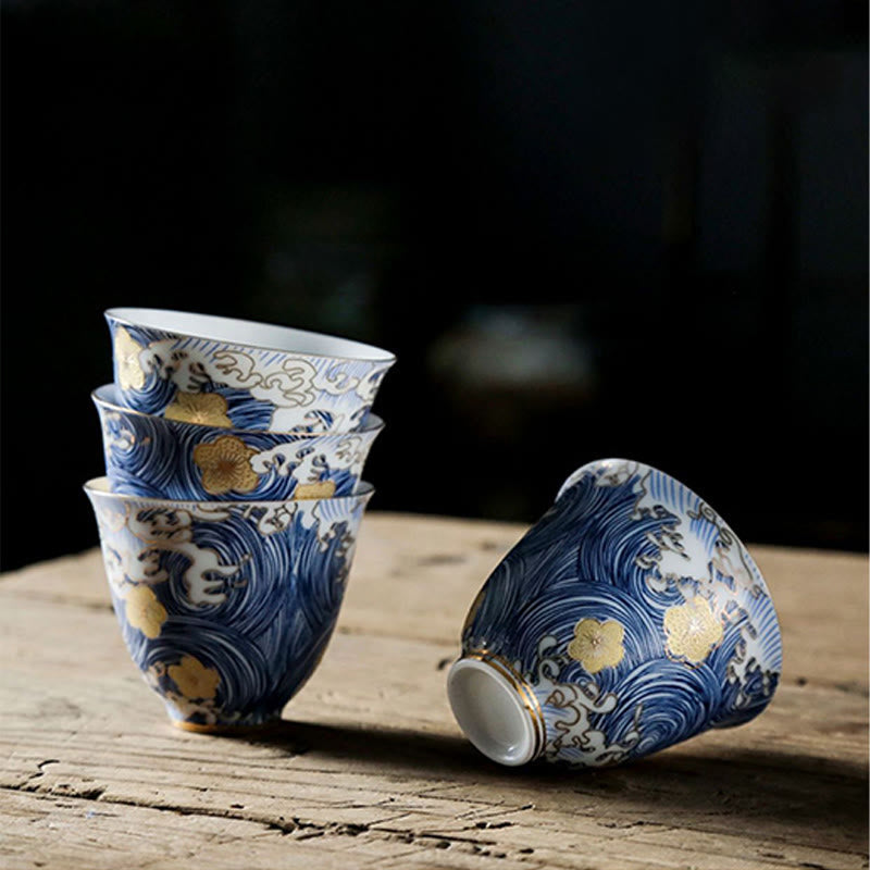 Tasse à thé vintage en céramique Motif vagues de l'océan 60 ml | Vaisselle