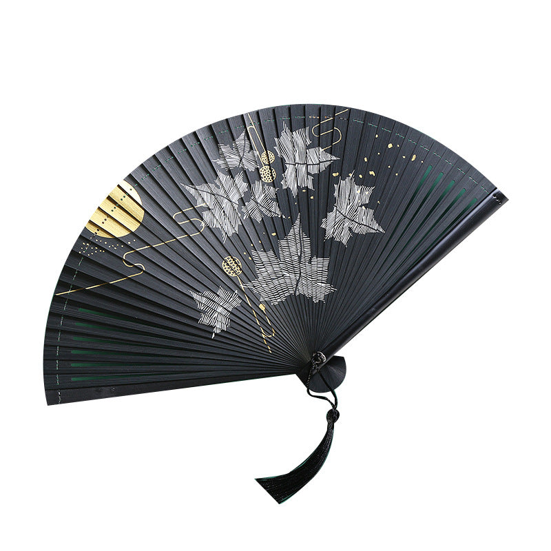 Éventail chinois pliant vintage en bambou | Grue et feuille d'érable 18,5 cm