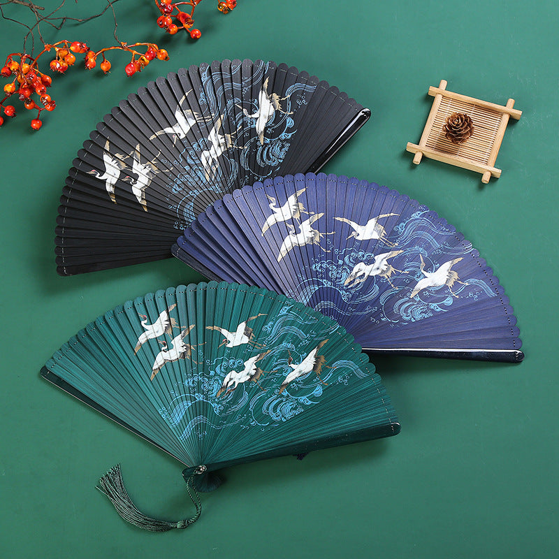 Éventail chinois pliant vintage en bambou | Grue et feuille d'érable 18,5 cm