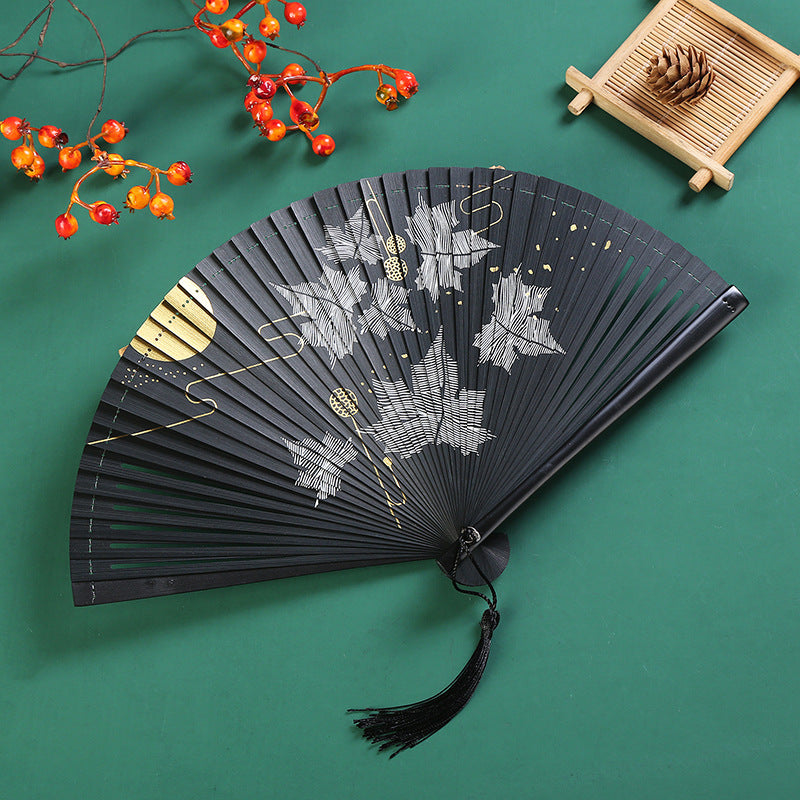 Éventail chinois pliant vintage en bambou | Grue et feuille d'érable 18,5 cm