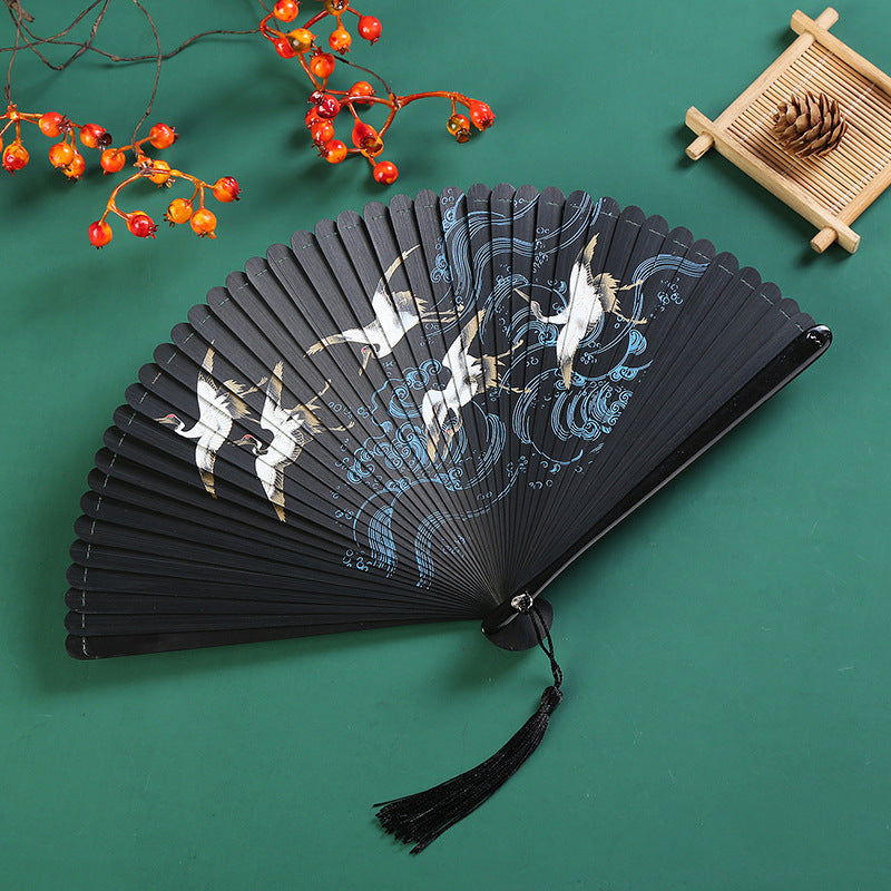 Éventail chinois pliant vintage en bambou | Grue et feuille d'érable 18,5 cm