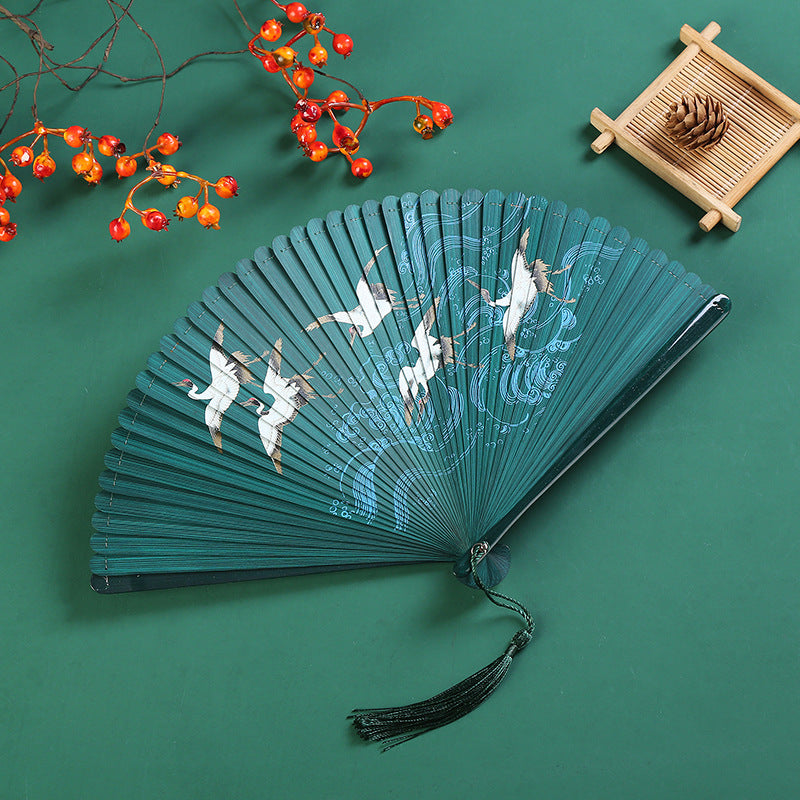 Éventail chinois pliant vintage en bambou | Grue et feuille d'érable 18,5 cm