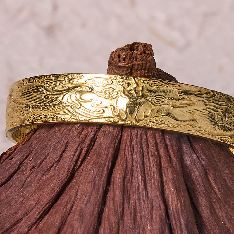 Bracelet dragon vintage en cuivre avec phénix jouant de la perle et Sutra du cœur