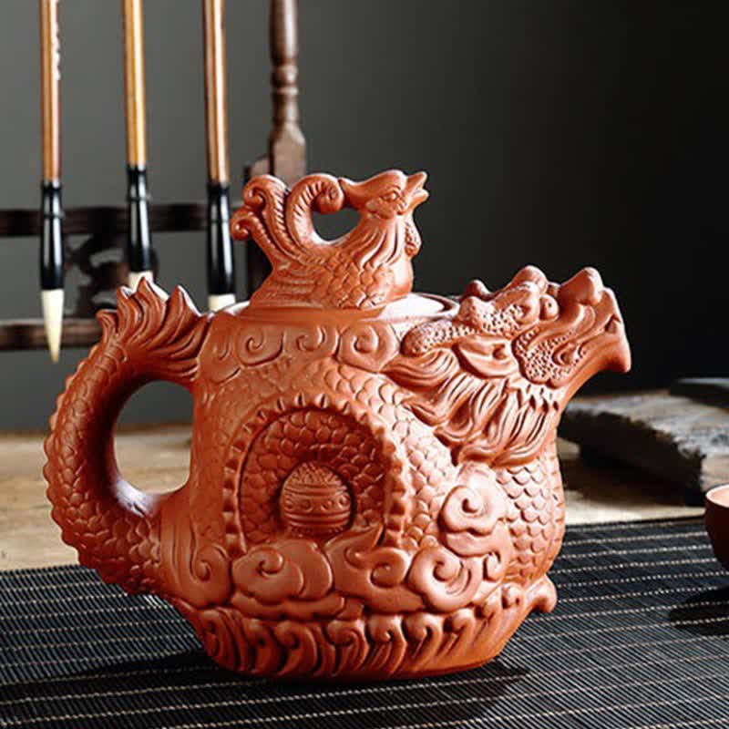 Théière vintage en céramique motif dragon et phénix | Purple Clay Art