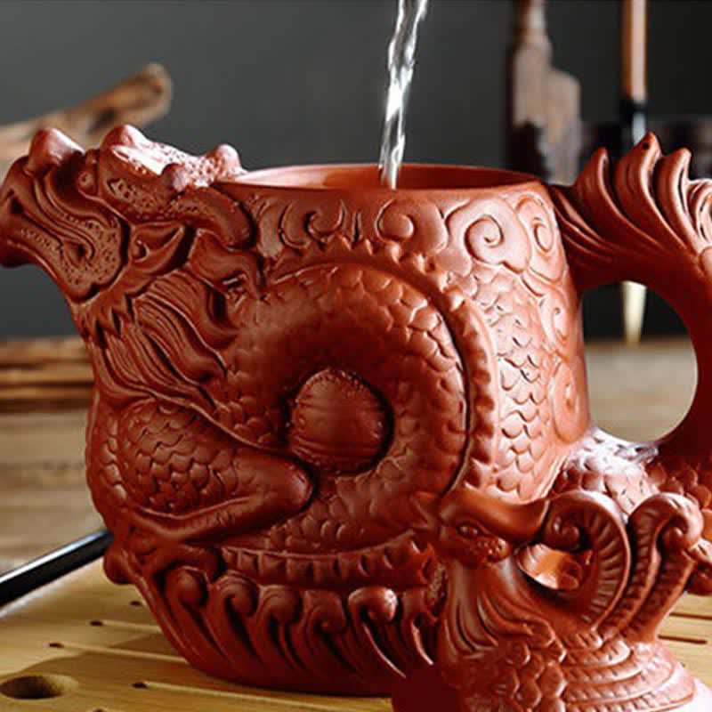 Théière vintage en céramique motif dragon et phénix | Purple Clay Art