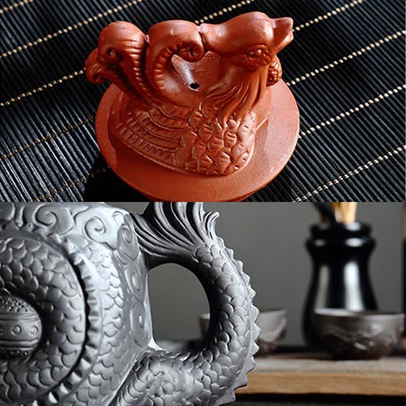 Théière vintage en céramique motif dragon et phénix | Purple Clay Art