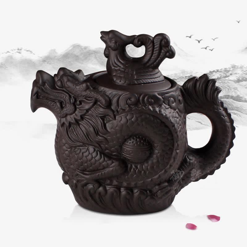 Théière vintage en céramique motif dragon et phénix | Purple Clay Art