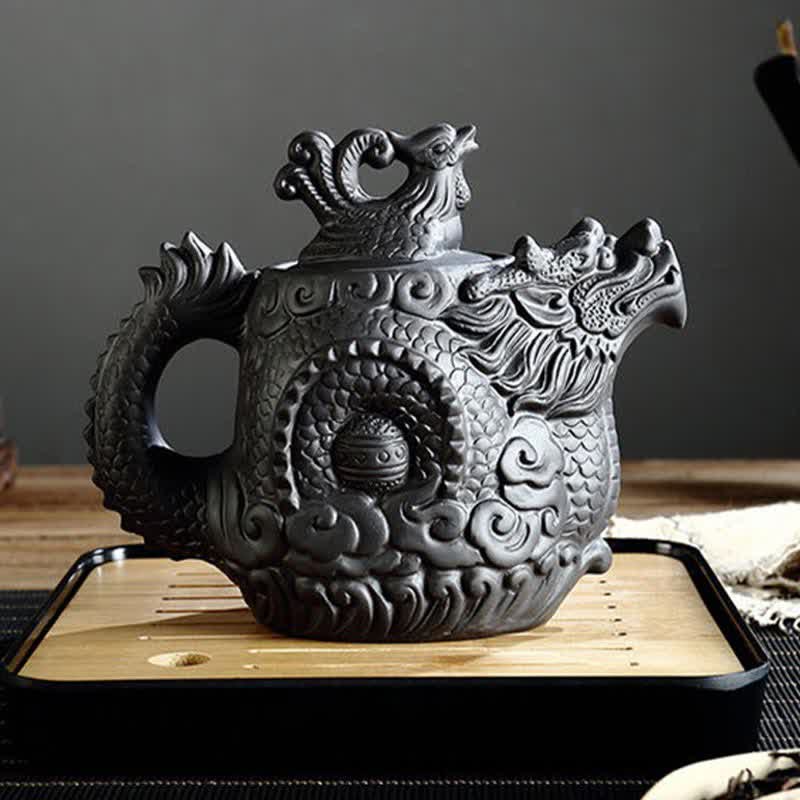 Théière vintage en céramique motif dragon et phénix | Purple Clay Art