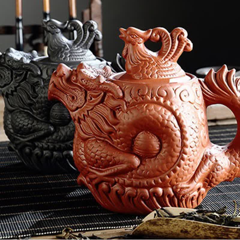 Théière vintage en céramique motif dragon et phénix | Purple Clay Art