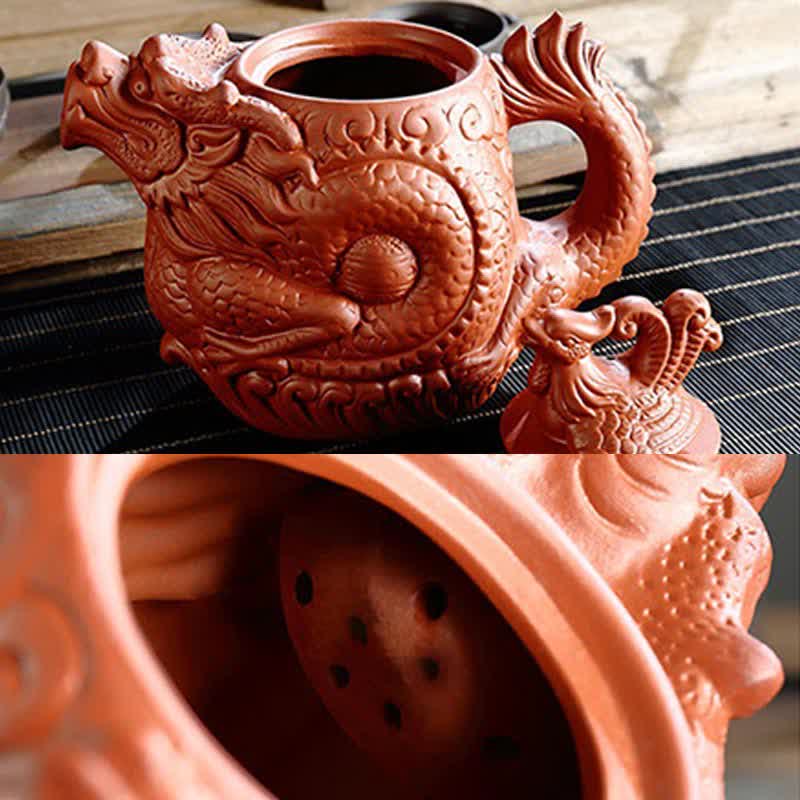 Théière vintage en céramique motif dragon et phénix | Purple Clay Art