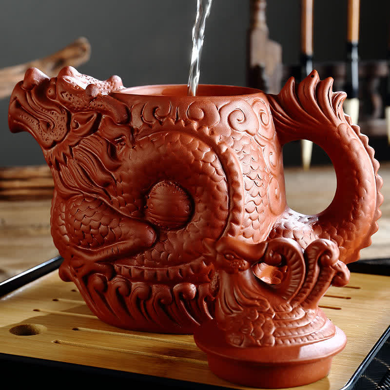 Théière vintage en céramique motif dragon et phénix | Purple Clay Art