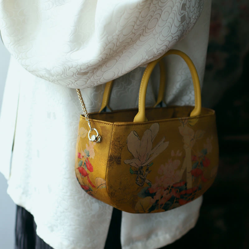 Sac bandoulière vintage à fermeture éclair et chaîne en métal avec motif pivoine