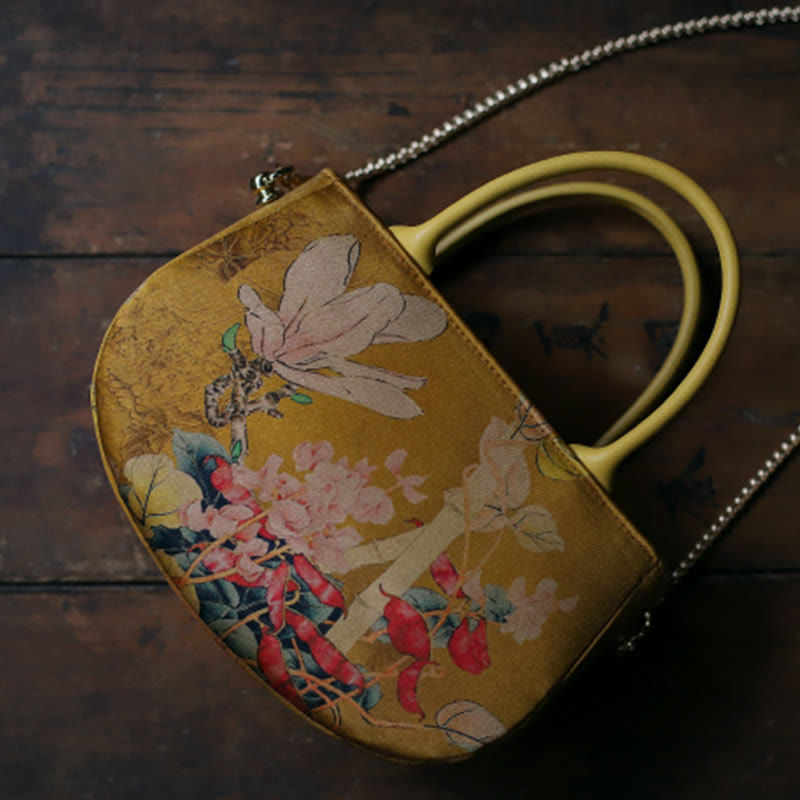 Sac bandoulière vintage à fermeture éclair et chaîne en métal avec motif pivoine