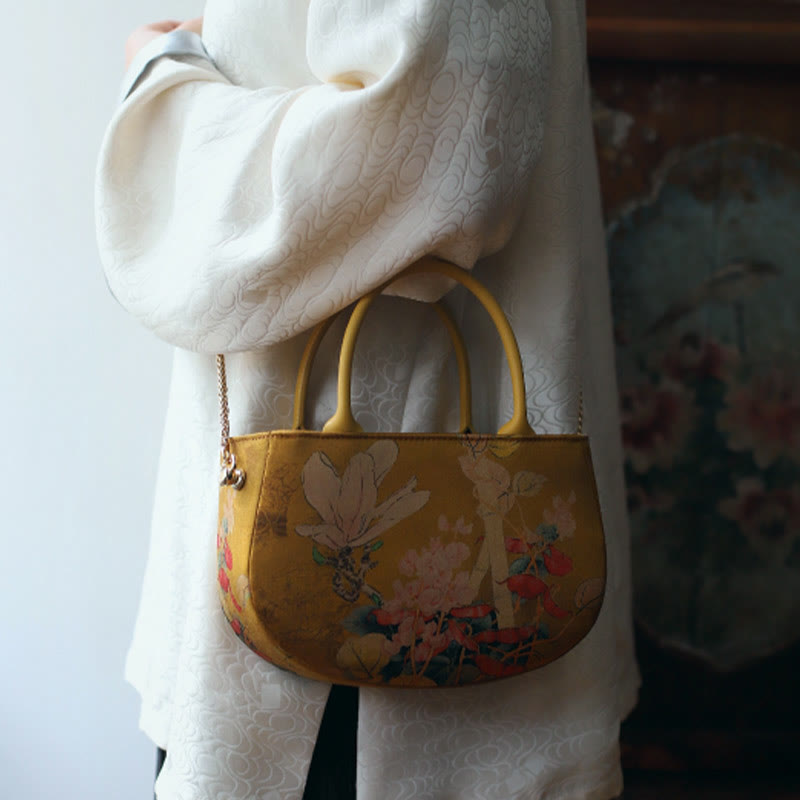 Sac bandoulière vintage à fermeture éclair et chaîne en métal avec motif pivoine