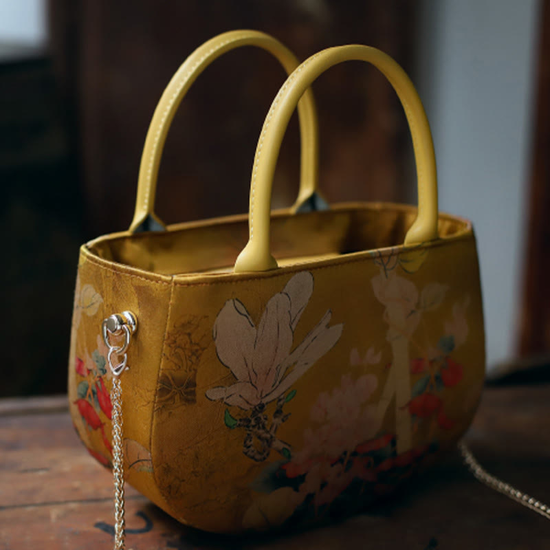 Sac bandoulière vintage à fermeture éclair et chaîne en métal avec motif pivoine