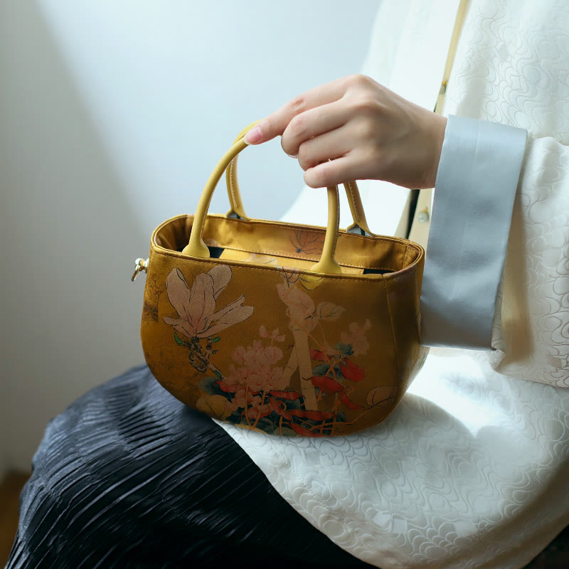 Sac bandoulière vintage à fermeture éclair et chaîne en métal avec motif pivoine
