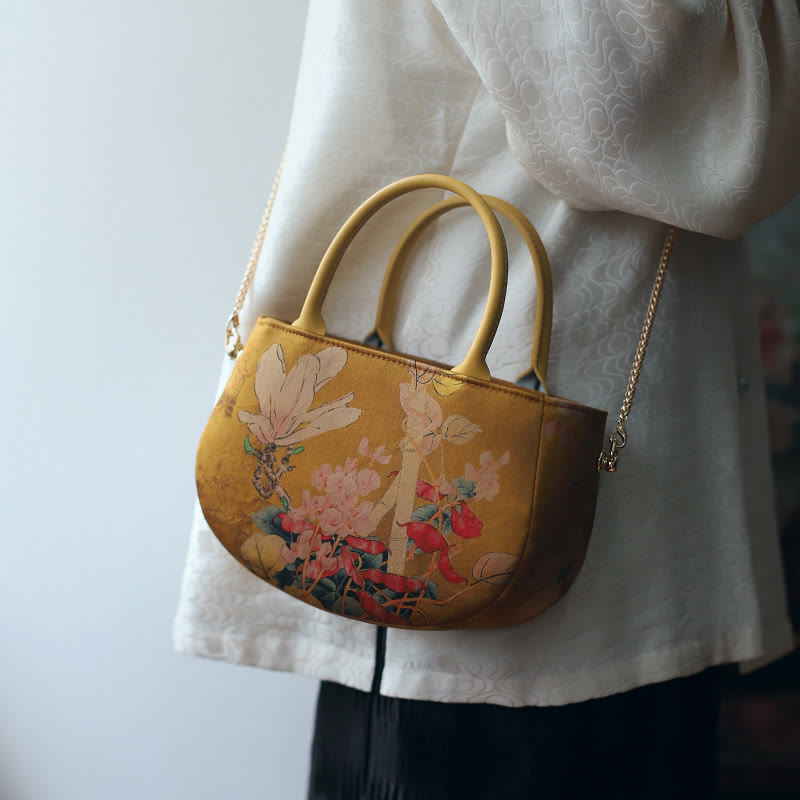 Sac bandoulière vintage à fermeture éclair et chaîne en métal avec motif pivoine