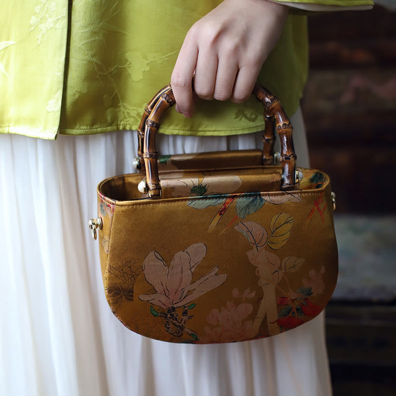 Sac bandoulière vintage à fermeture éclair et chaîne en métal avec motif pivoine