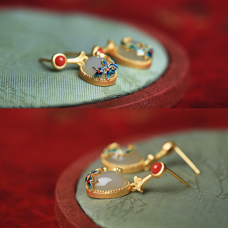 Boucles d'oreilles pendantes vintage en jade rouge et agate abondante en cuivre