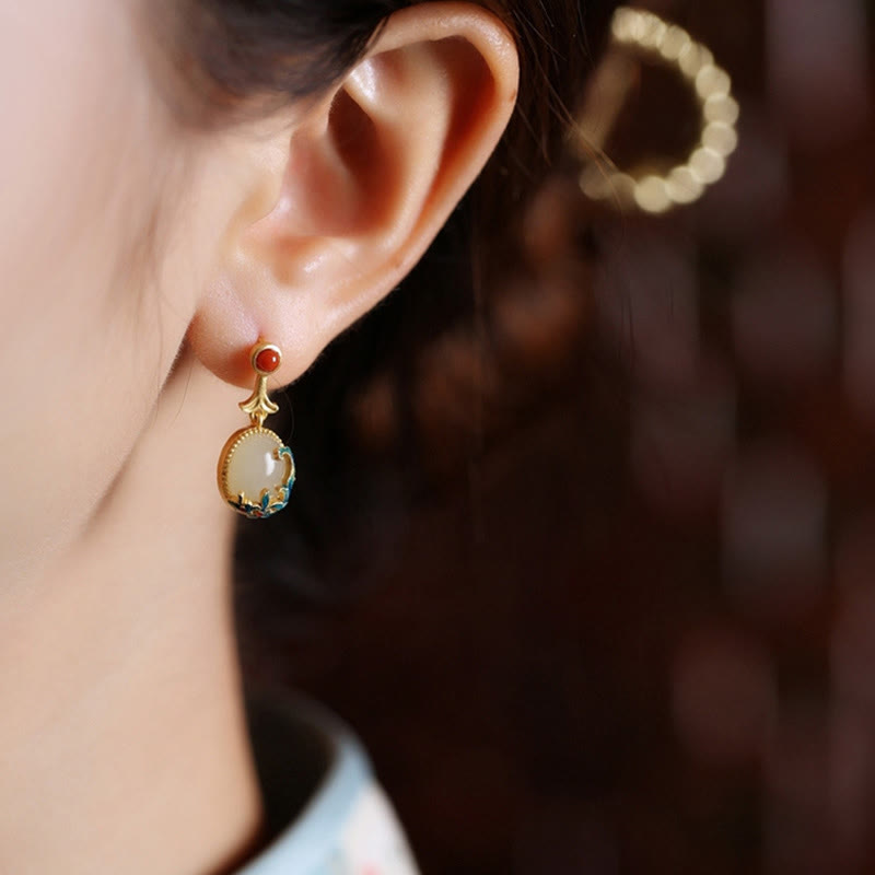Boucles d'oreilles pendantes vintage en jade rouge et agate abondante en cuivre