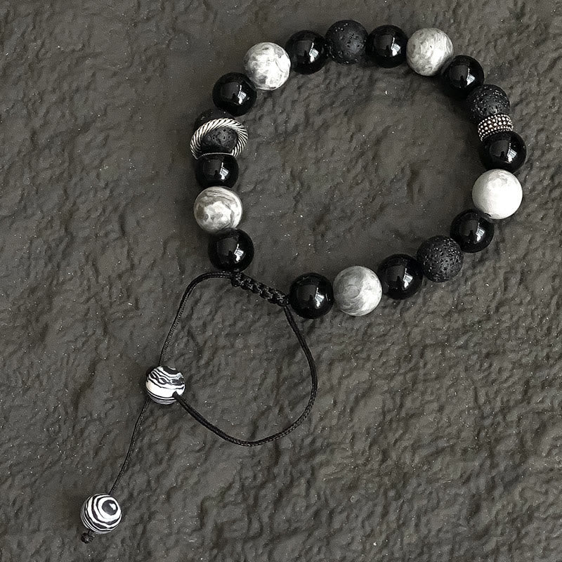 Bracelet vintage en obsidienne noire et jaspe Picasso pour la mise à la terre