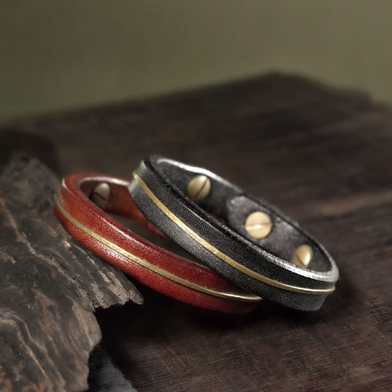 Bracelet de protection spirituelle vintage en cuir et cuivre - 16-16,6 cm