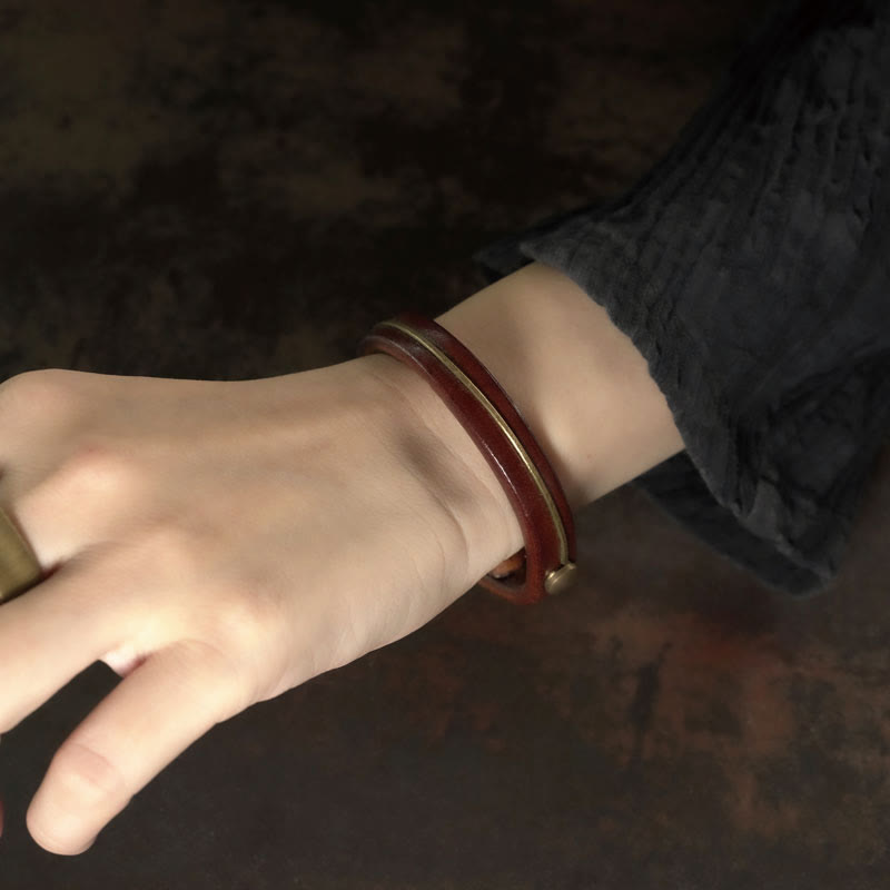 Bracelet de protection spirituelle vintage en cuir et cuivre - 16-16,6 cm