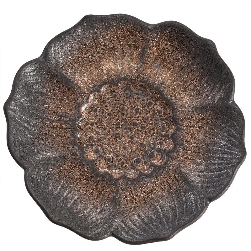 Dessous de plat vintage en céramique motif fleur de lotus, 9,8 cm, marron | Décor Zen