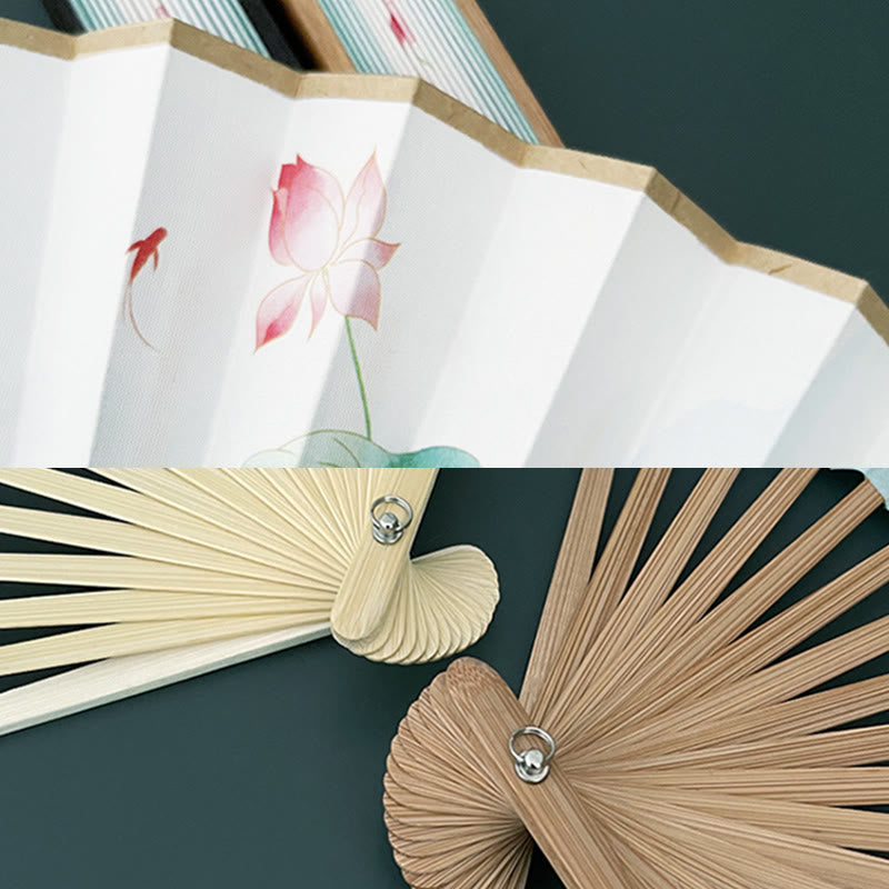 Éventail pliant vintage Lotus avec cadres en bambou pour artistes