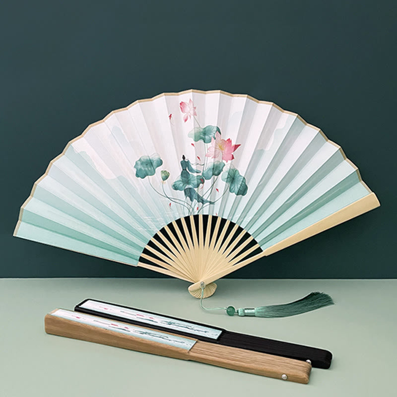 Éventail pliant vintage Lotus avec cadres en bambou pour artistes