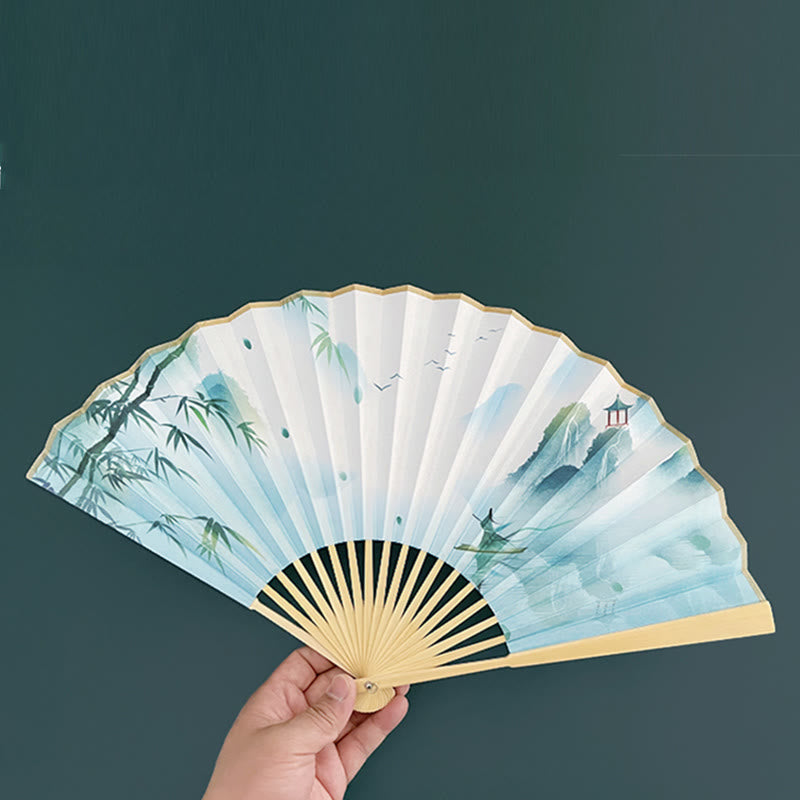 Éventail pliant vintage Lotus avec cadres en bambou pour artistes
