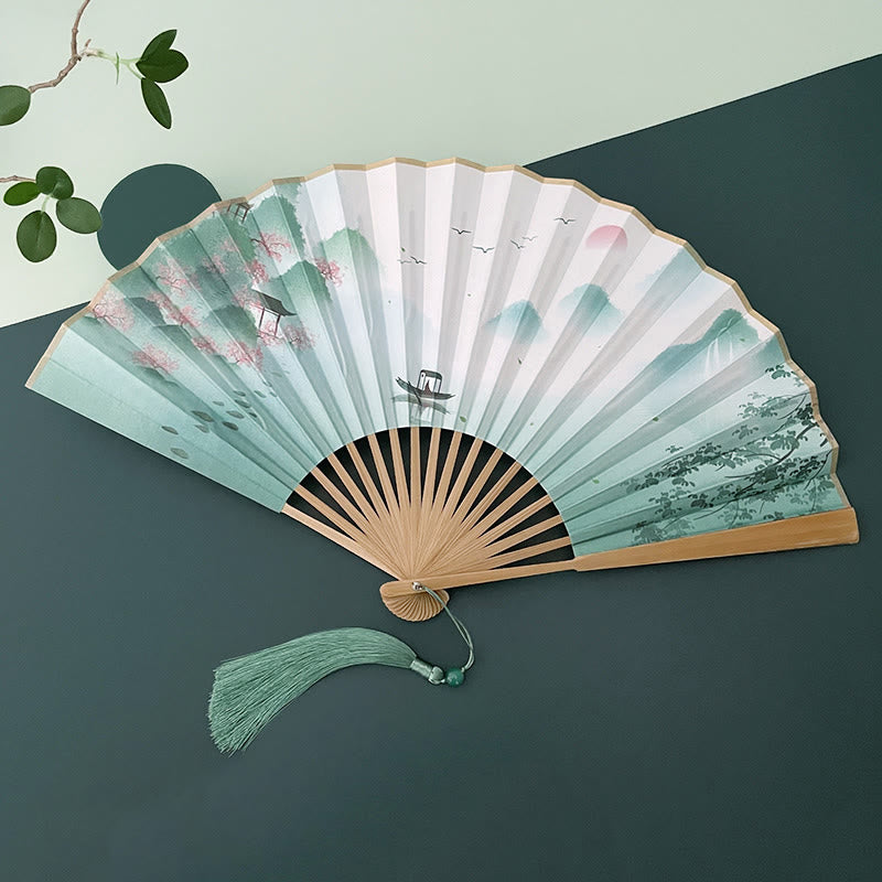 Éventail pliant vintage Lotus avec cadres en bambou pour artistes