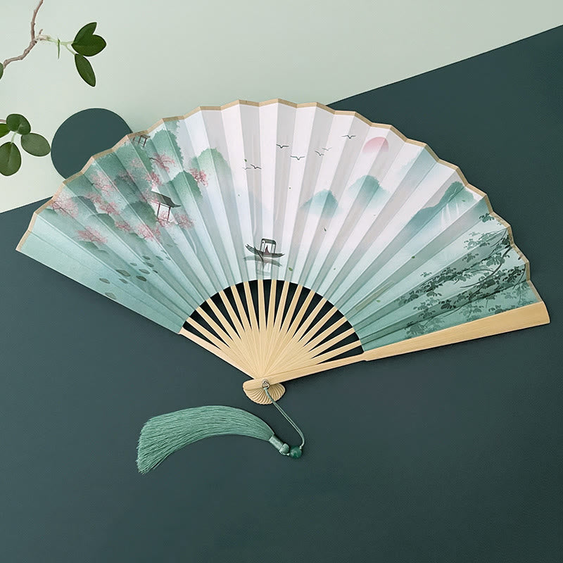 Éventail pliant vintage Lotus avec cadres en bambou pour artistes