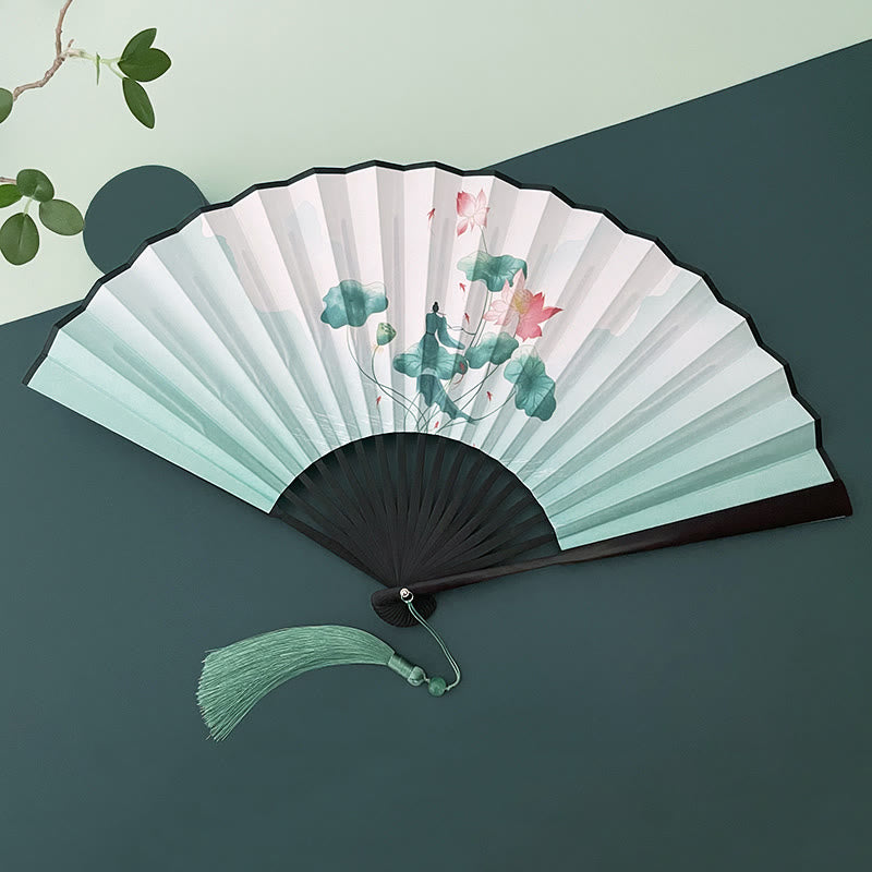 Éventail pliant vintage Lotus avec cadres en bambou pour artistes