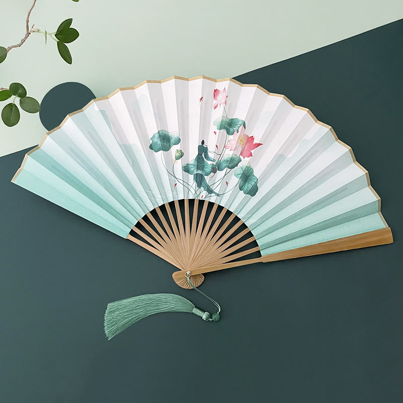 Éventail pliant vintage Lotus avec cadres en bambou pour artistes